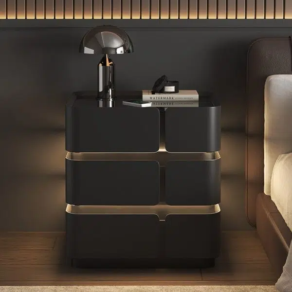 Contemporary Nordic Square Cube Sensor Light Wireless Charging Solid Wood Glass Leather Nightstand 2/3 - Drawer For Bedroom - Image 15