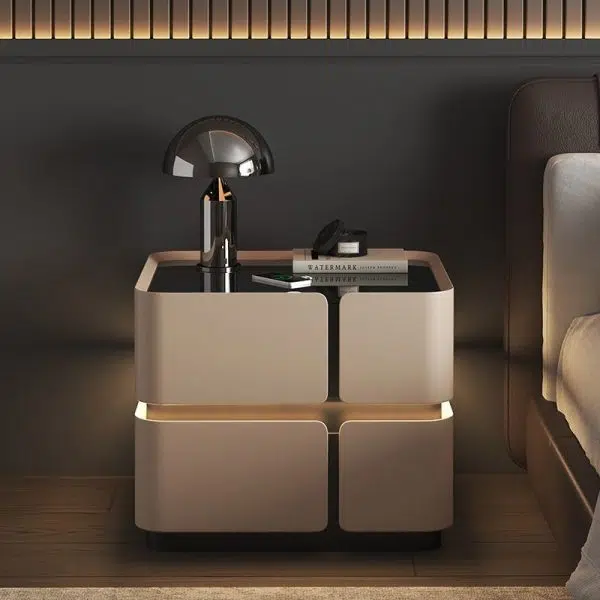 Contemporary Nordic Square Cube Sensor Light Wireless Charging Solid Wood Glass Leather Nightstand 2/3 - Drawer For Bedroom - Image 2