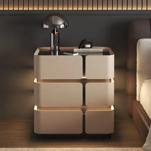 Contemporary Nordic Square Cube Sensor Light Wireless Charging Solid Wood Glass Leather Nightstand 2/3 - Drawer For Bedroom - Image 14