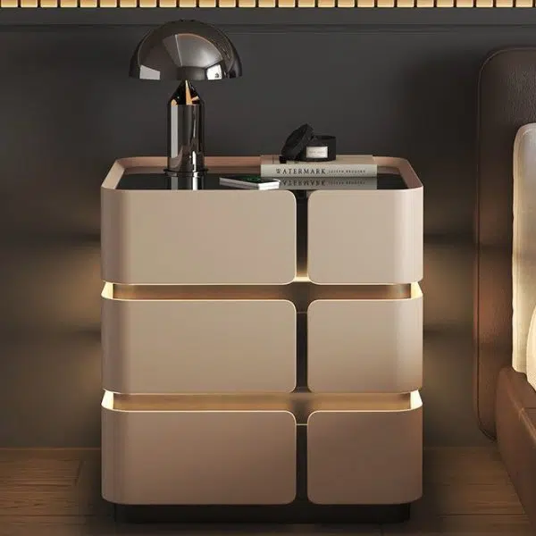 Contemporary Nordic Square Cube Sensor Light Wireless Charging Solid Wood Glass Leather Nightstand 2/3 - Drawer For Bedroom - Image 17