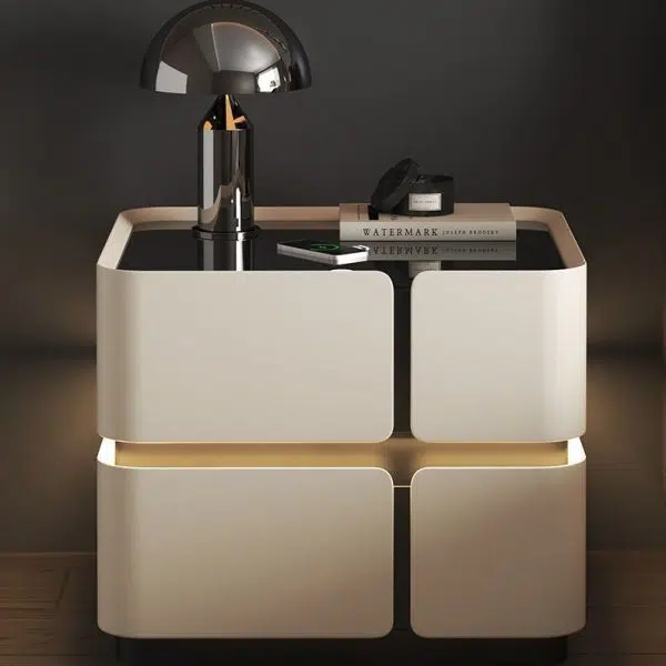 Contemporary Nordic Square Cube Sensor Light Wireless Charging Solid Wood Glass Leather Nightstand 2/3 - Drawer For Bedroom - Image 9