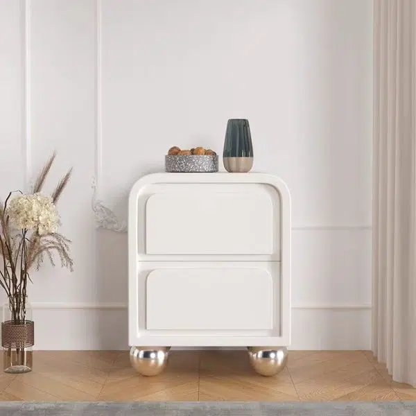 Contemporary Nordic Square Cube Round Ball Foot Solid Wood Hardware Nightstand 2 - Drawer For Bedroom - Image 2