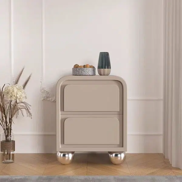 Contemporary Nordic Square Cube Round Ball Foot Solid Wood Hardware Nightstand 2 - Drawer For Bedroom - Image 10