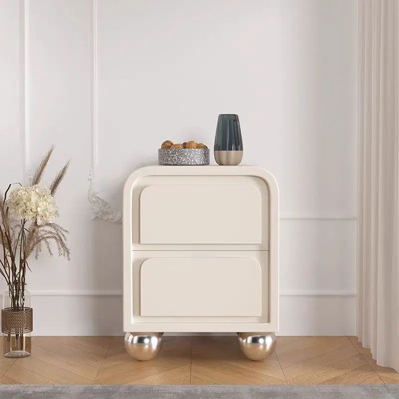 DFM-Table-FA01133-4.jpg Contemporary Nordic Square Cube Round Ball Foot Solid Wood Hardware Nightstand 2 - Drawer For Bedroom - Image 1