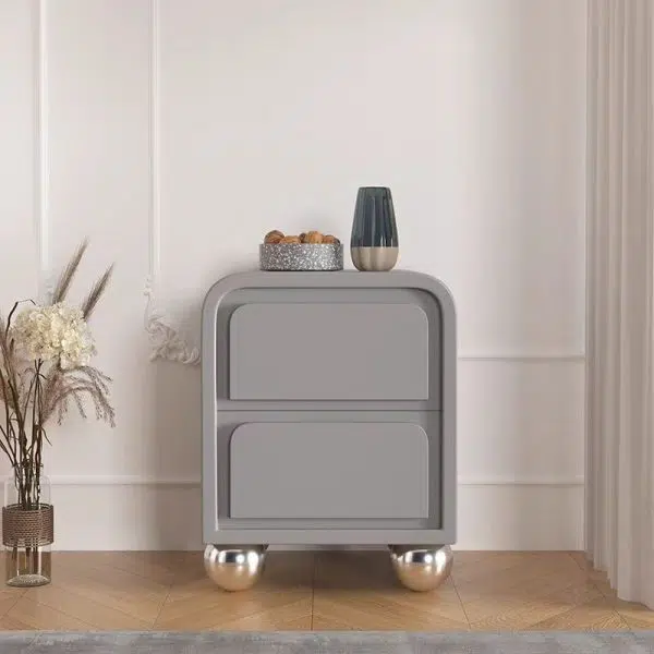 Contemporary Nordic Square Cube Round Ball Foot Solid Wood Hardware Nightstand 2 - Drawer For Bedroom - Image 9