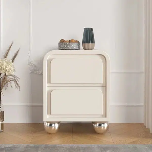 Contemporary Nordic Square Cube Round Ball Foot Solid Wood Hardware Nightstand 2 - Drawer For Bedroom - Image 8