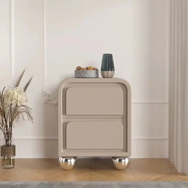 Contemporary Nordic Square Cube Round Ball Foot Solid Wood Hardware Nightstand 2 - Drawer For Bedroom - Image 12