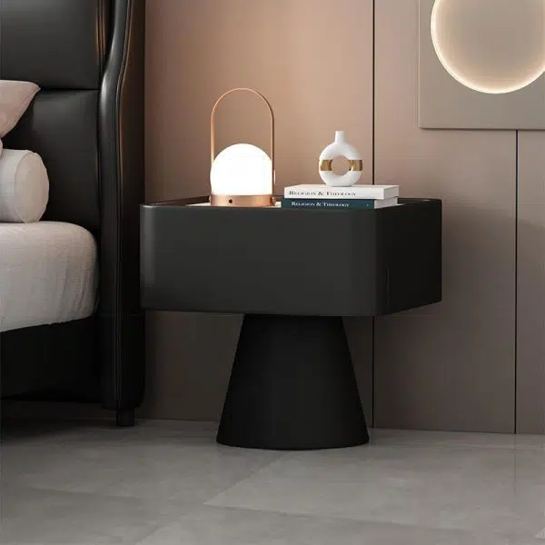 Contemporary Nordic Square Trapezoid Cube Rock Board Pine Leather Nightstand 1 - Drawer For Bedroom - Image 3