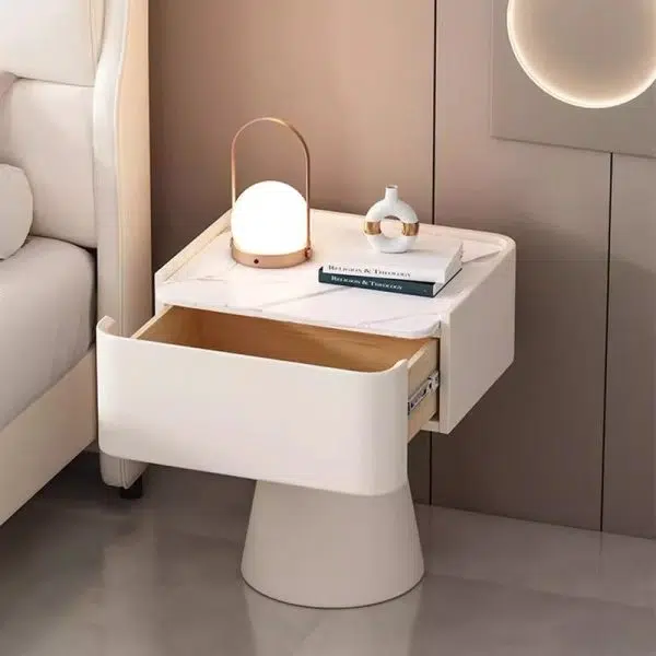 Contemporary Nordic Square Trapezoid Cube Rock Board Pine Leather Nightstand 1 - Drawer For Bedroom - Image 10