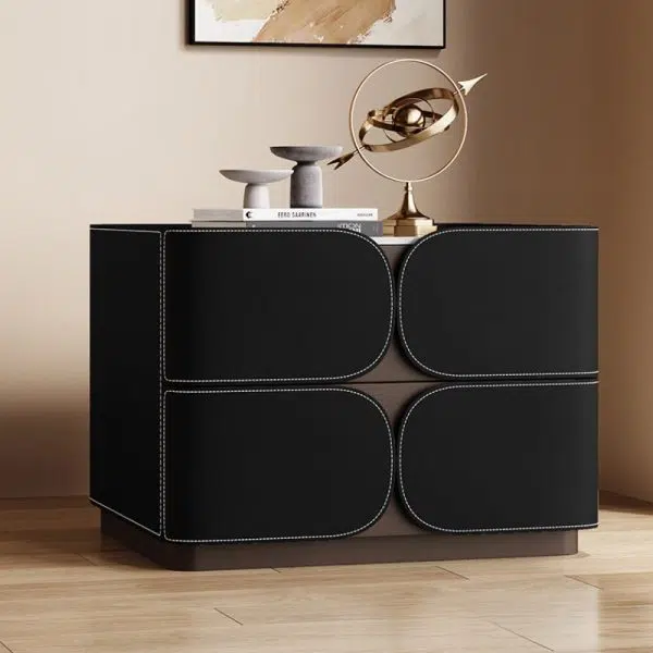 Contemporary Nordic Square Cube Rock Board Saddle Leather Solid Wood Hardware Nightstand 2 - Drawer For Bedroom - Image 9