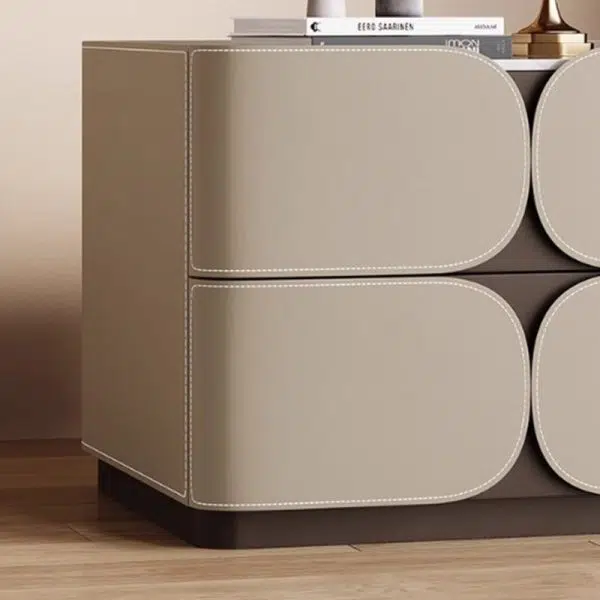 Contemporary Nordic Square Cube Rock Board Saddle Leather Solid Wood Hardware Nightstand 2 - Drawer For Bedroom - Image 5