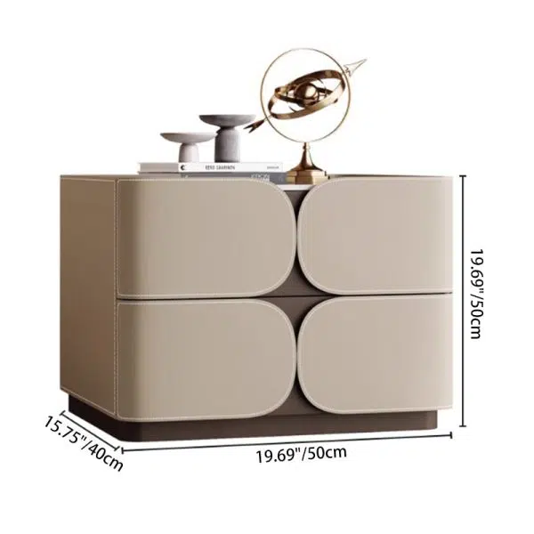 Contemporary Nordic Square Cube Rock Board Saddle Leather Solid Wood Hardware Nightstand 2 - Drawer For Bedroom - Image 4