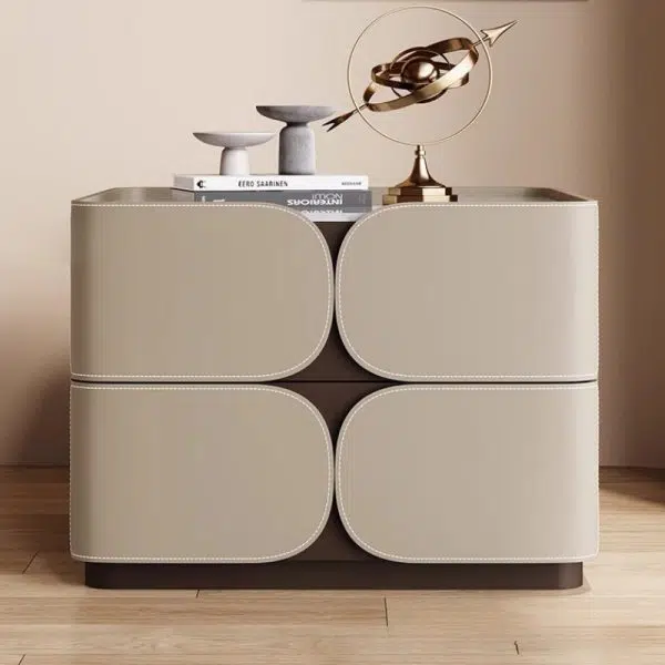 Contemporary Nordic Square Cube Rock Board Saddle Leather Solid Wood Hardware Nightstand 2 - Drawer For Bedroom - Image 8