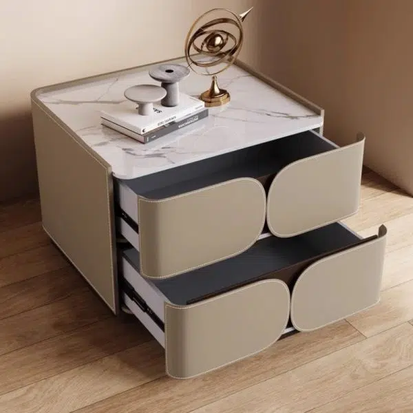 Contemporary Nordic Square Cube Rock Board Saddle Leather Solid Wood Hardware Nightstand 2 - Drawer For Bedroom - Image 7