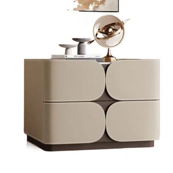 Contemporary Nordic Square Cube Rock Board Saddle Leather Solid Wood Hardware Nightstand 2 - Drawer For Bedroom - Image 14