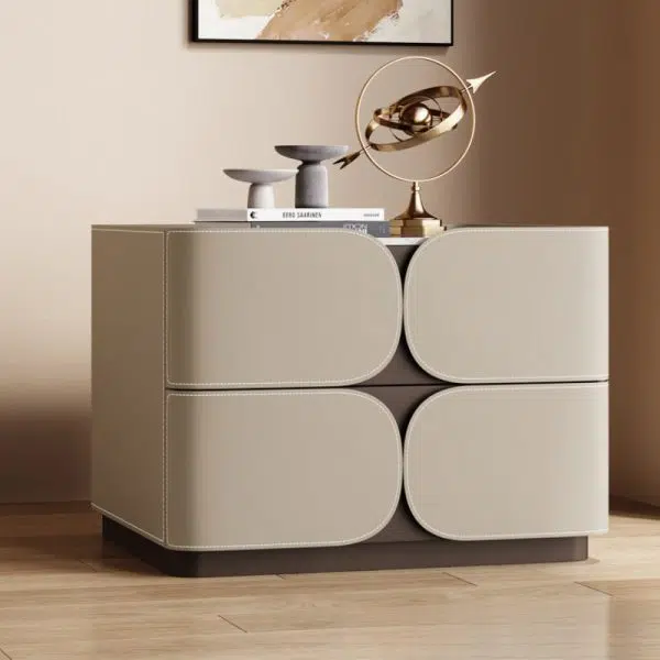 Contemporary Nordic Square Cube Rock Board Saddle Leather Solid Wood Hardware Nightstand 2 - Drawer For Bedroom - Image 2