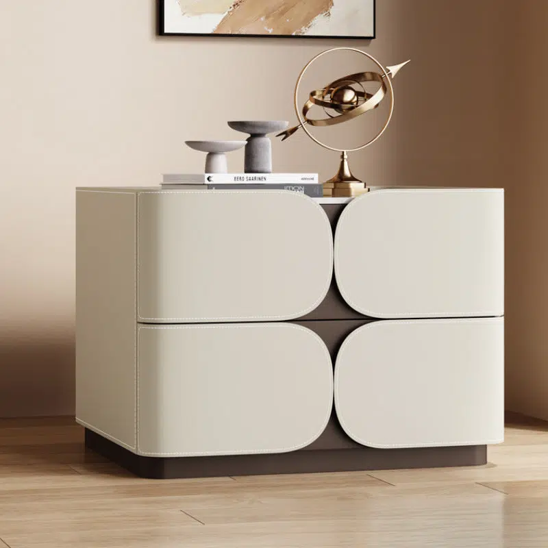 DFM-Table-FA01269-3.jpg Contemporary Nordic Square Cube Rock Board Saddle Leather Solid Wood Hardware Nightstand 2 - Drawer For Bedroom - Image 1