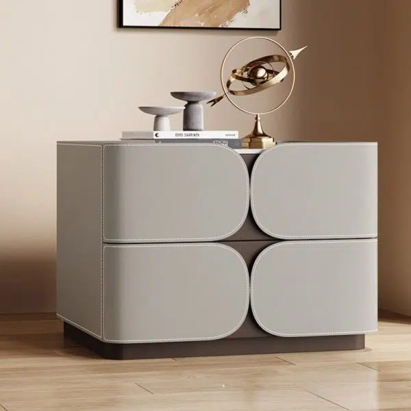 Contemporary Nordic Square Cube Rock Board Saddle Leather Solid Wood Hardware Nightstand 2 - Drawer For Bedroom - Image 3
