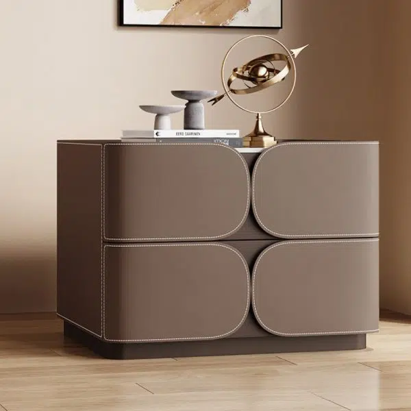 Contemporary Nordic Square Cube Rock Board Saddle Leather Solid Wood Hardware Nightstand 2 - Drawer For Bedroom - Image 10