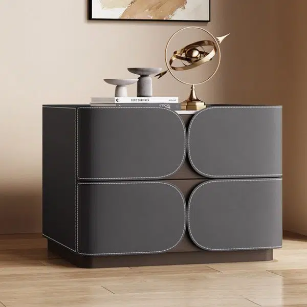 Contemporary Nordic Square Cube Rock Board Saddle Leather Solid Wood Hardware Nightstand 2 - Drawer For Bedroom - Image 11