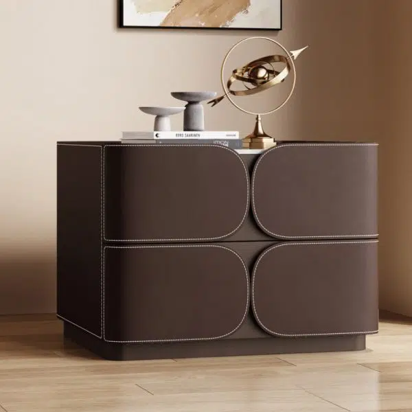 Contemporary Nordic Square Cube Rock Board Saddle Leather Solid Wood Hardware Nightstand 2 - Drawer For Bedroom - Image 12