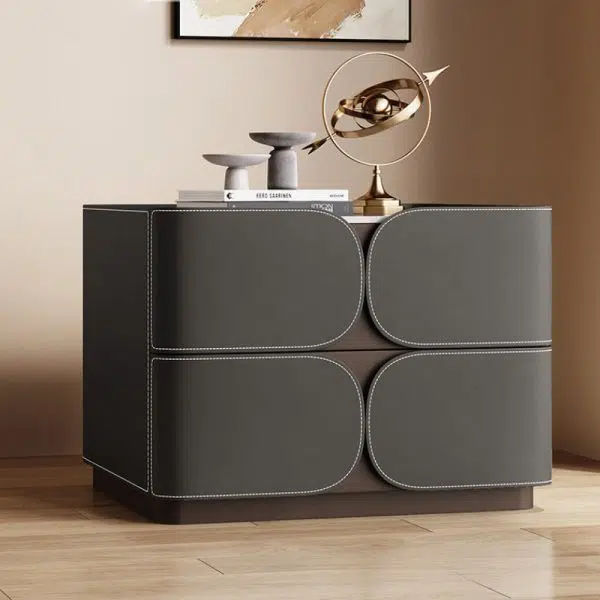 Contemporary Nordic Square Cube Rock Board Saddle Leather Solid Wood Hardware Nightstand 2 - Drawer For Bedroom - Image 13