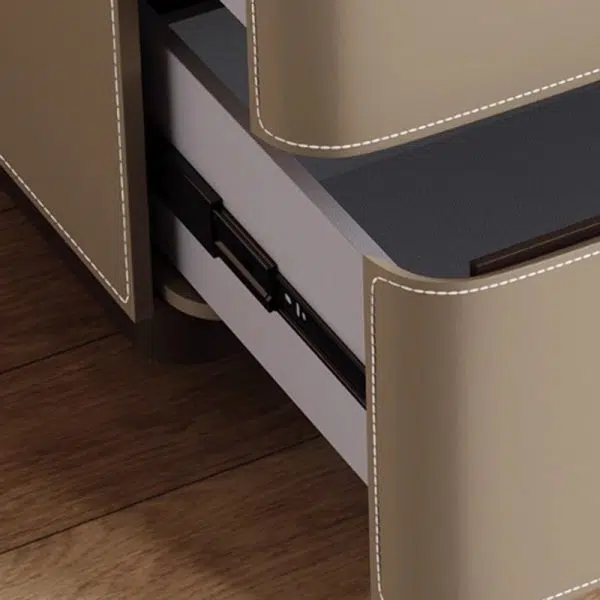 Contemporary Nordic Square Cube Rock Board Saddle Leather Solid Wood Hardware Nightstand 2 - Drawer For Bedroom - Image 6