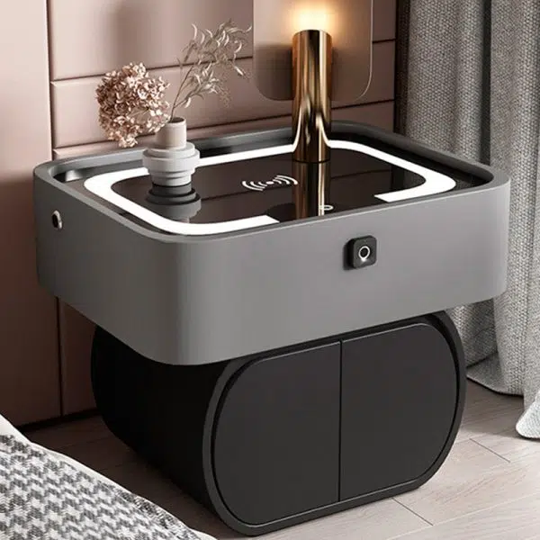 Contemporary Nordic Rectangular Glass Desktop Pine Leather Nightstand 2 - Drawer For Bedroom - Image 3