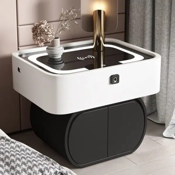 Contemporary Nordic Rectangular Glass Desktop Pine Leather Nightstand 2 - Drawer For Bedroom - Image 9