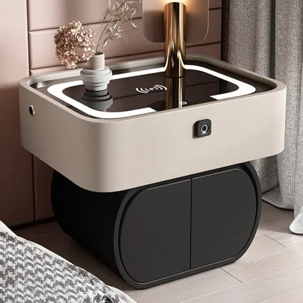 Contemporary Nordic Rectangular Glass Desktop Pine Leather Nightstand 2 - Drawer For Bedroom - Image 2