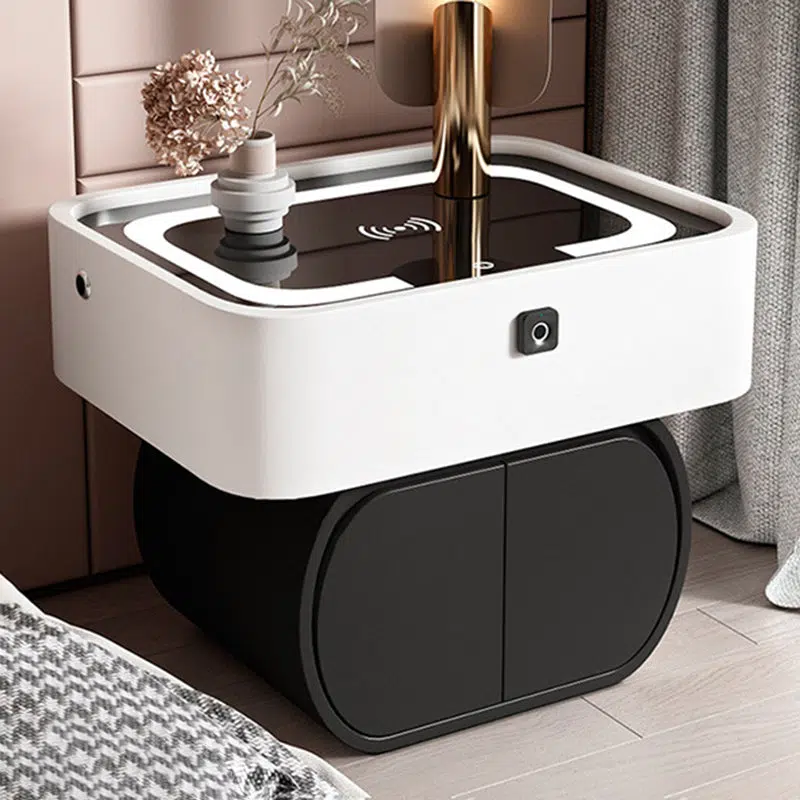 DFM-Table-FA01278-3.jpg Contemporary Nordic Rectangular Glass Desktop Pine Leather Nightstand 2 - Drawer For Bedroom - Image 1