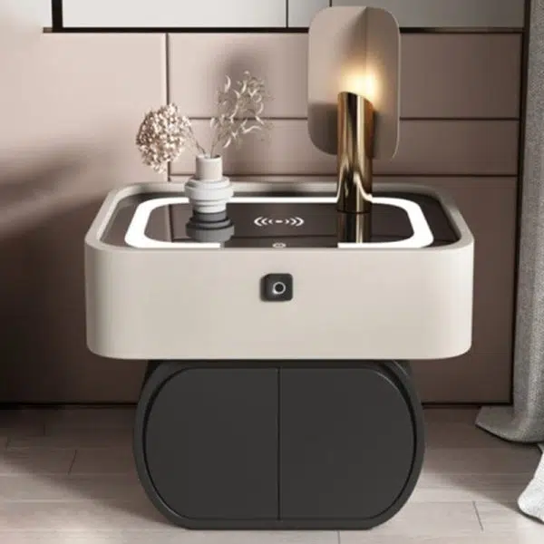 Contemporary Nordic Rectangular Glass Desktop Pine Leather Nightstand 2 - Drawer For Bedroom - Image 10