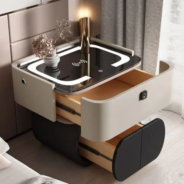 Contemporary Nordic Rectangular Glass Desktop Pine Leather Nightstand 2 - Drawer For Bedroom - Image 7