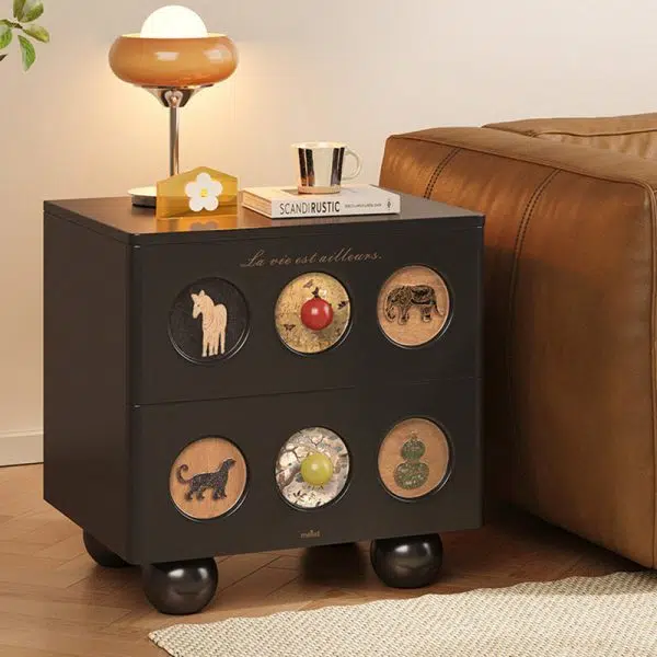 Contemporary Creative Square Cube Animal Prints Orb Solid Wood Hardware Nightstand 2 - Drawer For Bedroom - Image 2