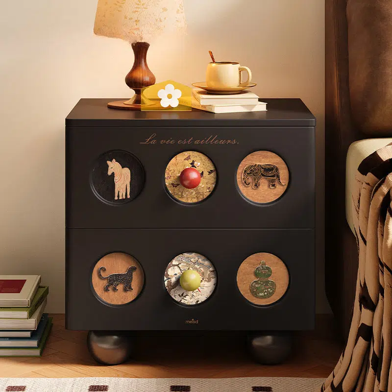 DFM-Table-FA01357-13.jpg Contemporary Creative Square Cube Animal Prints Orb Solid Wood Hardware Nightstand 2 - Drawer For Bedroom - Image 1