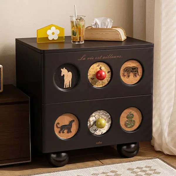 Contemporary Creative Square Cube Animal Prints Orb Solid Wood Hardware Nightstand 2 - Drawer For Bedroom - Image 3
