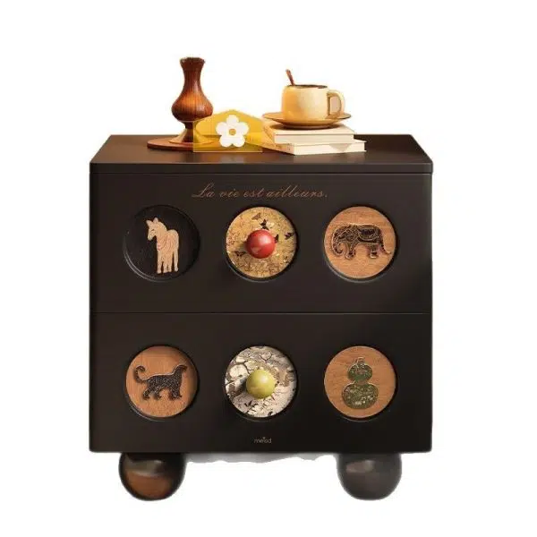 Contemporary Creative Square Cube Animal Prints Orb Solid Wood Hardware Nightstand 2 - Drawer For Bedroom - Image 15