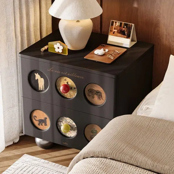 Contemporary Creative Square Cube Animal Prints Orb Solid Wood Hardware Nightstand 2 - Drawer For Bedroom - Image 11