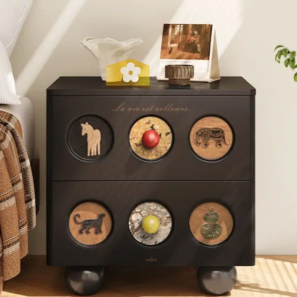 Contemporary Creative Square Cube Animal Prints Orb Solid Wood Hardware Nightstand 2 - Drawer For Bedroom - Image 14