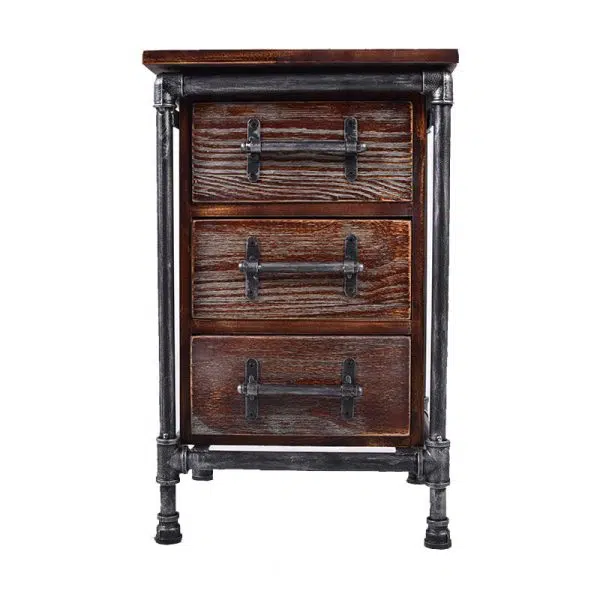 Contemporary Industrial Square Cube Iron Solid Wood Nightstand 3 - Drawer For Bedroom - Image 9