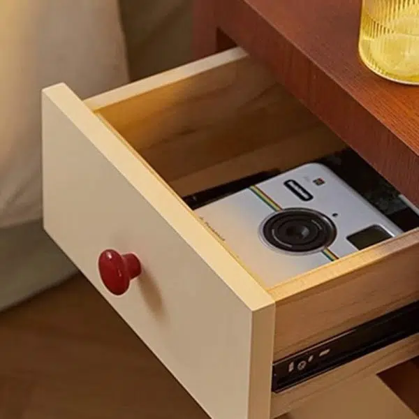 Contemporary Creative Rectangular Round Corner Cylinder Base Solid Wood Density Plank Nightstand For Bedroom - Image 15