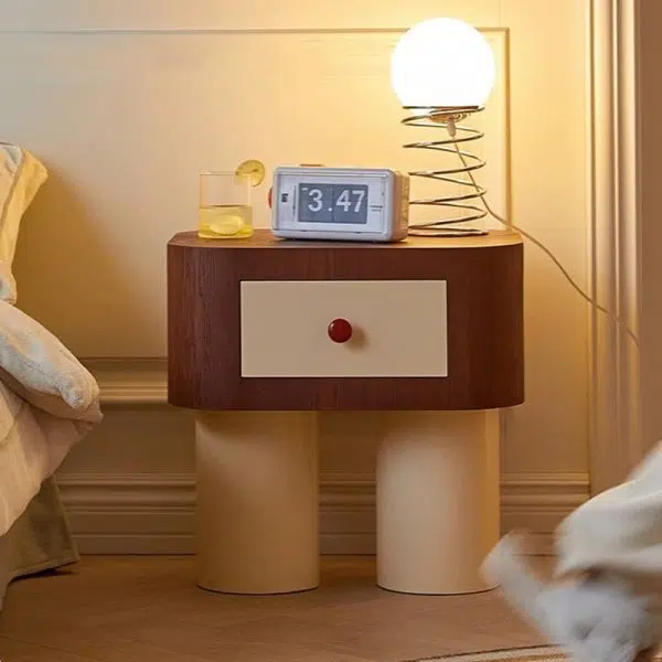Contemporary Creative Rectangular Round Corner Cylinder Base Solid Wood Density Plank Nightstand For Bedroom - Image 2