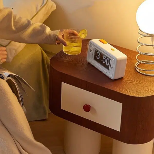 Contemporary Creative Rectangular Round Corner Cylinder Base Solid Wood Density Plank Nightstand For Bedroom - Image 20