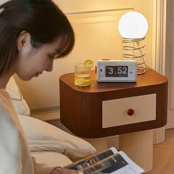 Contemporary Creative Rectangular Round Corner Cylinder Base Solid Wood Density Plank Nightstand For Bedroom - Image 21