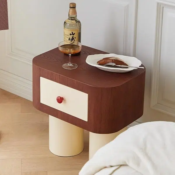 Contemporary Creative Rectangular Round Corner Cylinder Base Solid Wood Density Plank Nightstand For Bedroom - Image 3