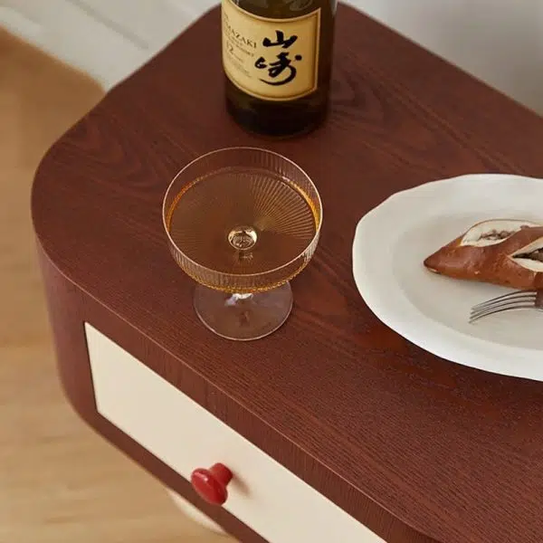 Contemporary Creative Rectangular Round Corner Cylinder Base Solid Wood Density Plank Nightstand For Bedroom - Image 5