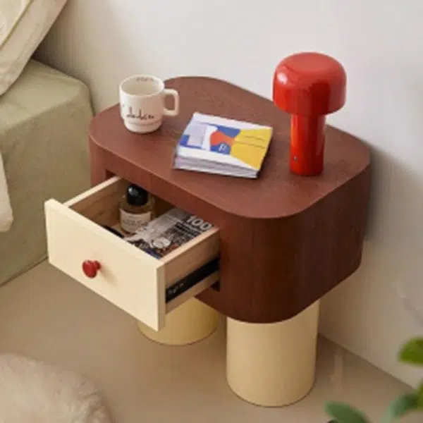 Contemporary Creative Rectangular Round Corner Cylinder Base Solid Wood Density Plank Nightstand For Bedroom - Image 16