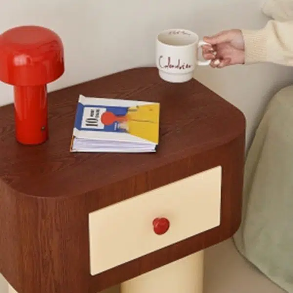 Contemporary Creative Rectangular Round Corner Cylinder Base Solid Wood Density Plank Nightstand For Bedroom - Image 12