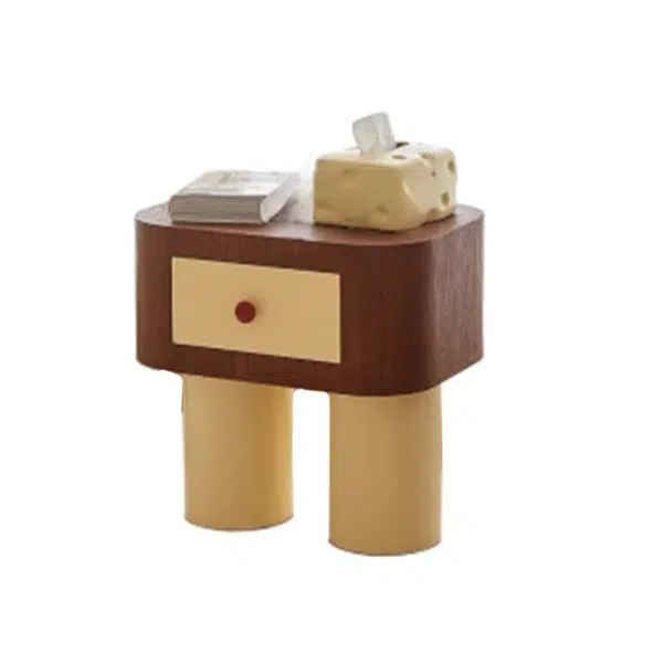 Contemporary Creative Rectangular Round Corner Cylinder Base Solid Wood Density Plank Nightstand For Bedroom - Image 13