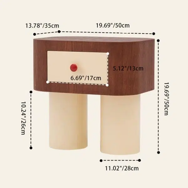 Contemporary Creative Rectangular Round Corner Cylinder Base Solid Wood Density Plank Nightstand For Bedroom - Image 4